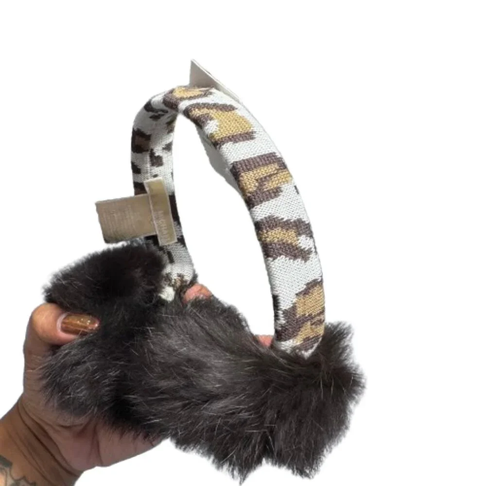 NWT Michael Kors Leopard Wool & Faux Rabbit Fur in Brown & Grey Earmuffs